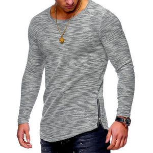 Men Casual Autumn Long Sleeve Slim O Neck Zipper Color Yarn Tops Blouse Shirts