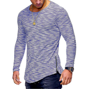 Men Casual Autumn Long Sleeve Slim O Neck Zipper Color Yarn Tops Blouse Shirts