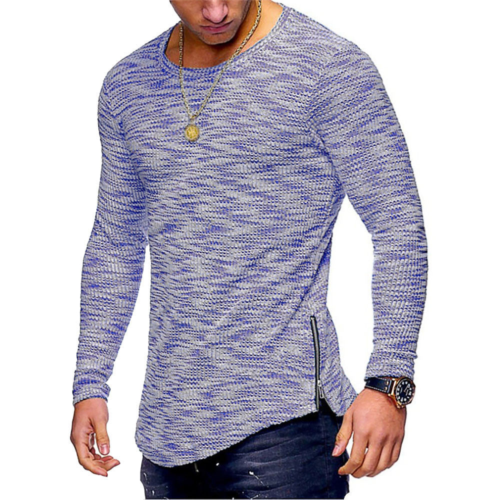 Men Casual Autumn Long Sleeve Slim O Neck Zipper Color Yarn Tops Blouse Shirts