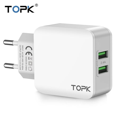 TOPK 5V 2.4A Smart Travel Dual USB Charger Adapter Wall Portable EU Plug Mobile Phone Charger for iPhone Samsung Xiaomi Tablet