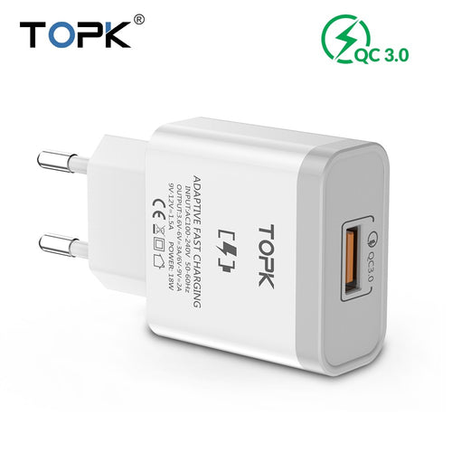 TOPK 18W Quick Charge 3.0 Fast Mobile Phone Charger EU Plug Wall USB Charger Adapter for iPhone Samsung Xiaomi Huawei