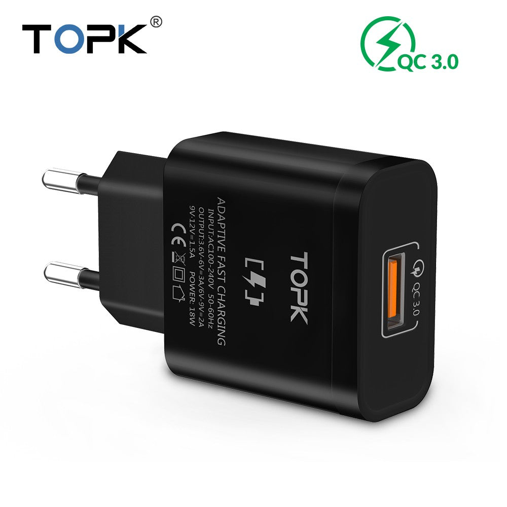 TOPK 18W Quick Charge 3.0 Fast Mobile Phone Charger EU Plug Wall USB Charger Adapter for iPhone Samsung Xiaomi Huawei